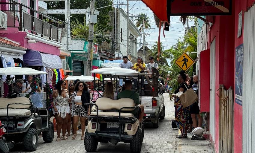Golf carts on the busy streets of Isla Mujeres near Cancun