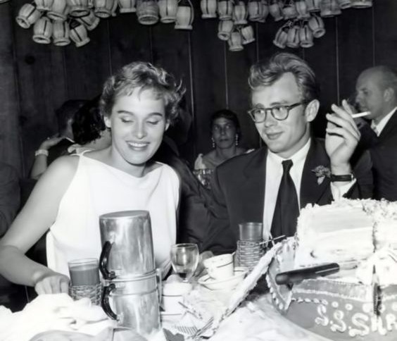 James Dean in Los Angeles having dinner at Villa Capri with Ursula Andress
