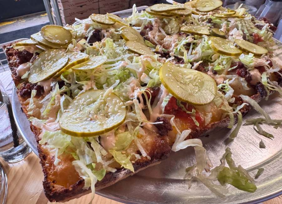 Best Detroit-style pizza: Grandma Bob's Big Mack vegan pizza - Photo by Mar Yvette