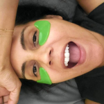 Best vegan skincare brands: Mar wearing 100% Pure's green eye masks